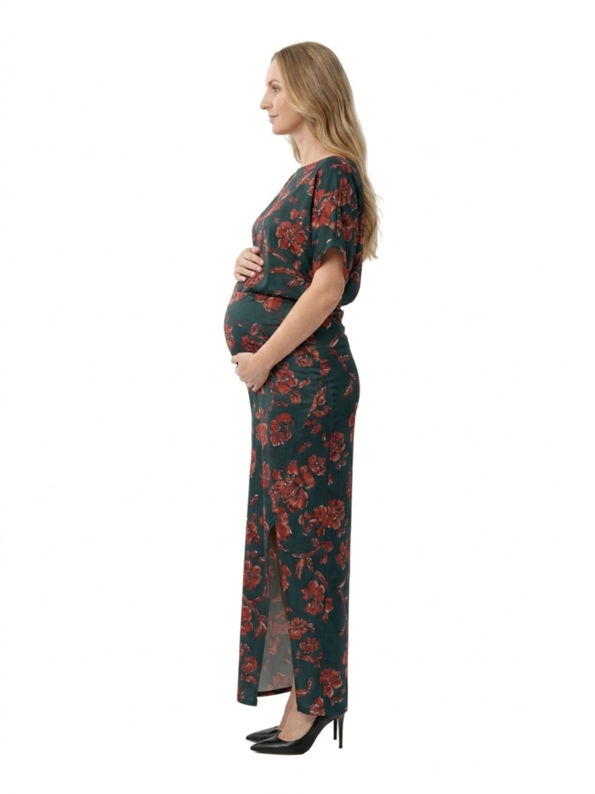 24seven Comfort Elevate Maternity Elegant Short Sleeves Floral Long Maxi Dress