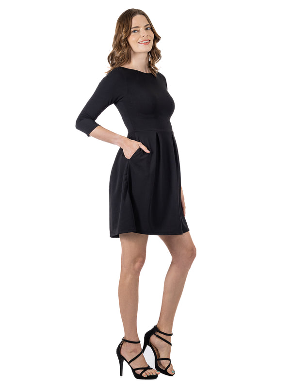 24seven Comfort Essential Petite Classic Three-Quarter Sleeves Pleated A-Line Dress