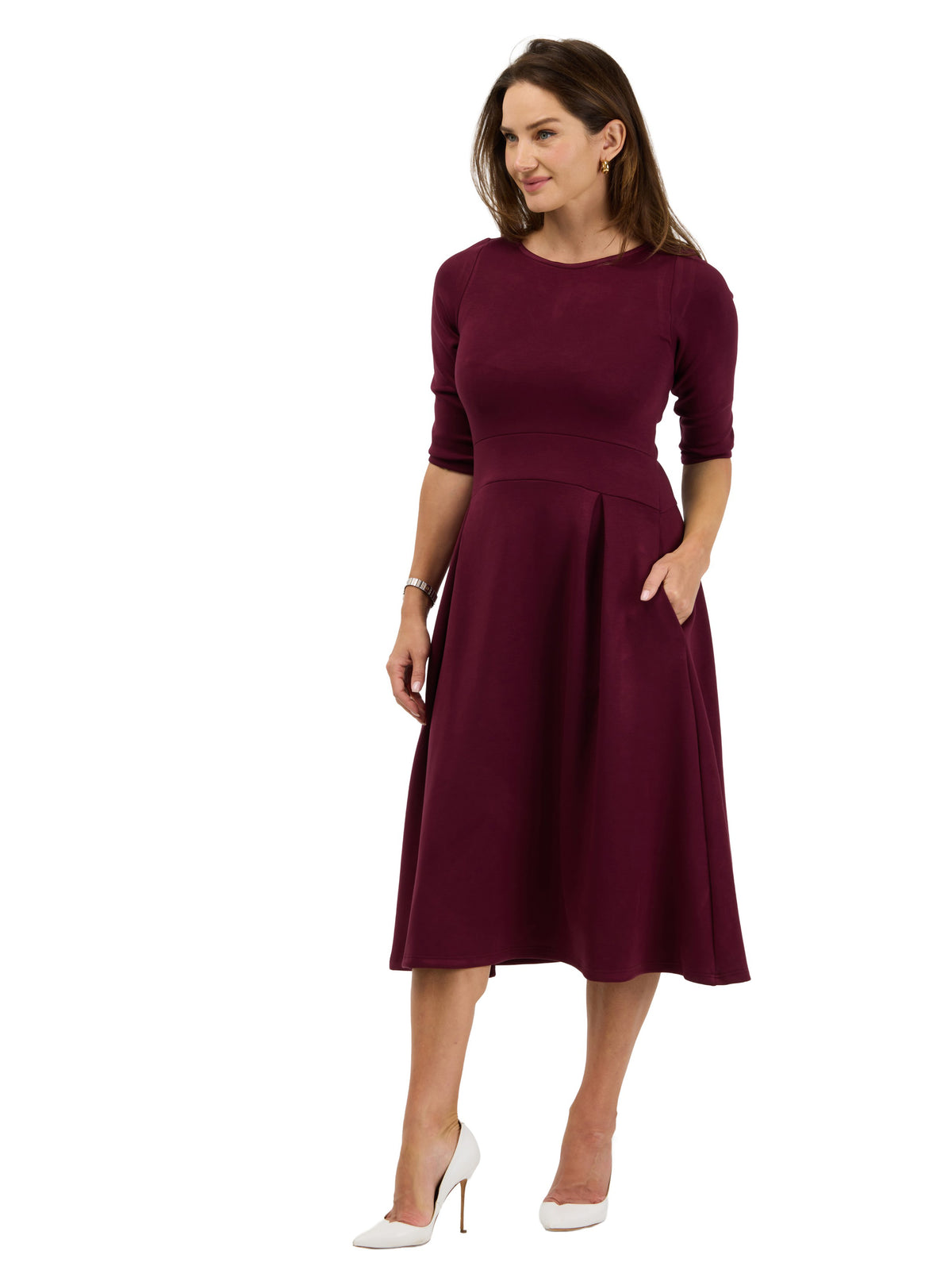 24seven Comfort Essential Womens Elegant Pleated Three-Quarter Sleeve Midi Dress
