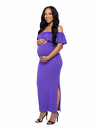 24seven Comfort Essential Maternity Off Shoulder Ruffle Detail Side Slit Maxi Dress
