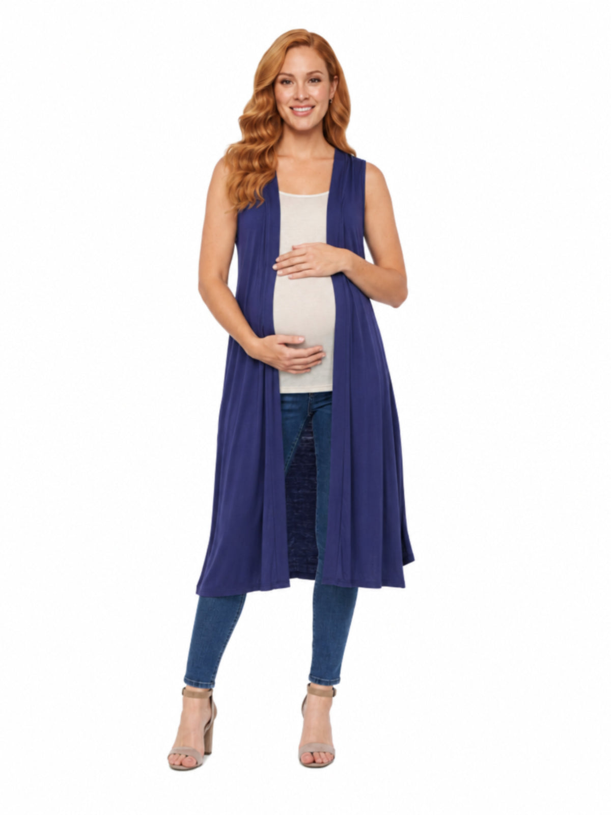 24seven Comfort Basic Maternity Sleeveless Open Front Side Slit Extra Long Jacket
