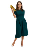 24seven Comfort Essential Womens Elegant Pleated Three-Quarter Sleeve Midi Dress