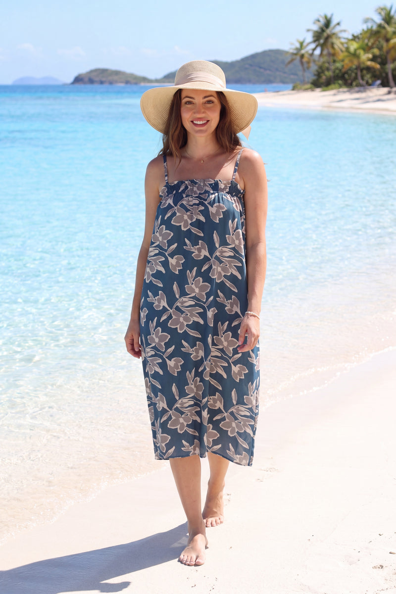 Essential Womens Floral Print Spaghetti Strap Smocked Pocket A Line Maxi Dress